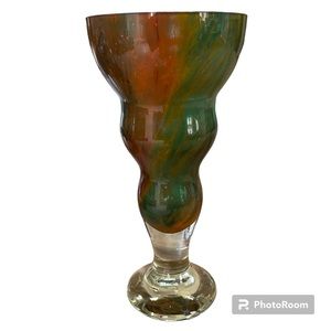 Vintage Sasaki crystal hand blown art glass footed vase orange gold green